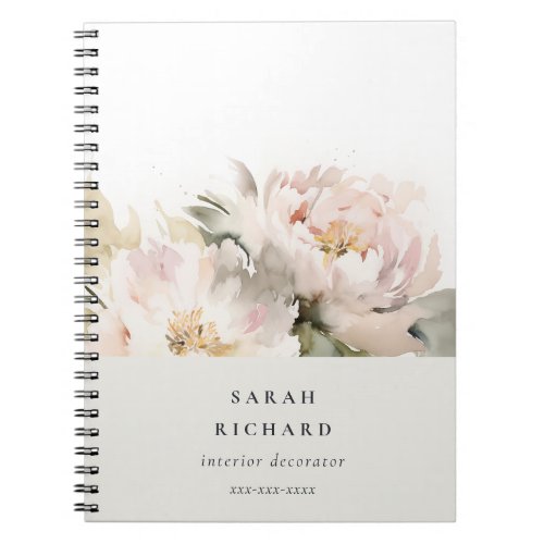 Dusky Blush Peony Watercolor Floral Bunch Business Notebook
