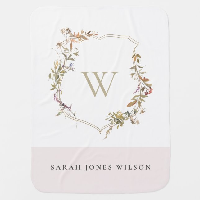 Dusky Blush Pink Wildflower Crest Monogram Baby Blanket (Front)