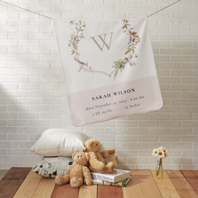 Dusky Blush Pink Wildflower Crest Monogram Baby Blanket (In Situ)