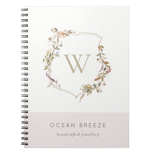Dusky Blush Pink Wildflower Crest Monogram Notebook (Front)