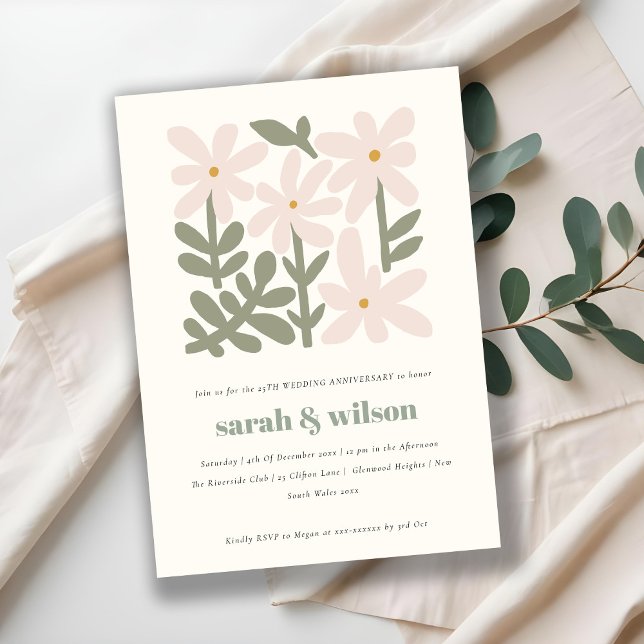 Dusky Blush Retro Floral Wedding Anniversary Invitation (Creator Uploaded)