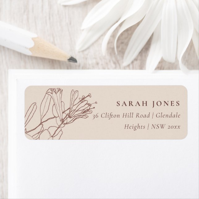 DUSKY BLUSH TERRACOTTA LINE DRAWING FLORAL ADDRESS LABEL (Insitu)