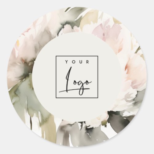 Dusky Blush Watercolor Peony Floral Logo Business Classic Round Sticker