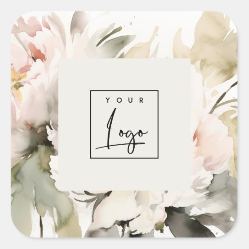 Dusky Blush Watercolor Peony Floral Logo Business Square Sticker