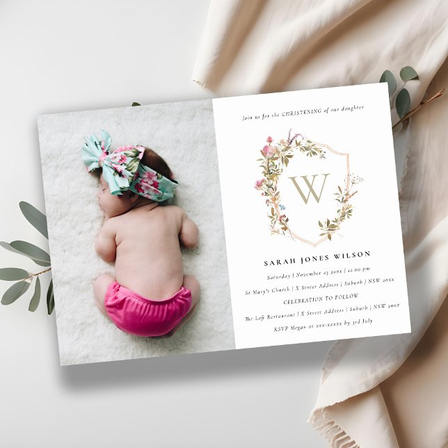 Dusky Blush Wildflower Crest Photo Christening Invitation (Creator Uploaded)