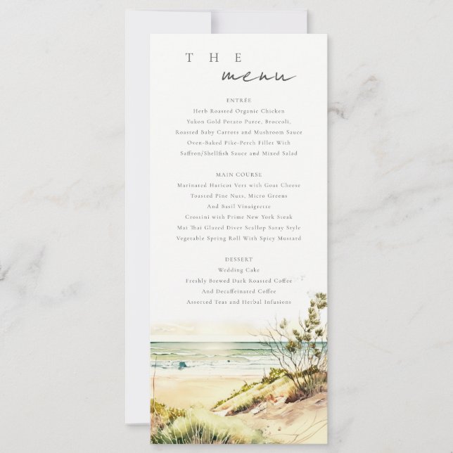 Dusky Coastal Beach Sun Seascape Wedding Menu Card (Front)