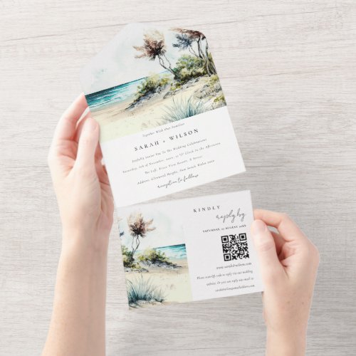 Dusky Coastal Palm Beach Seascape Wedding QR Code All In One Invitation