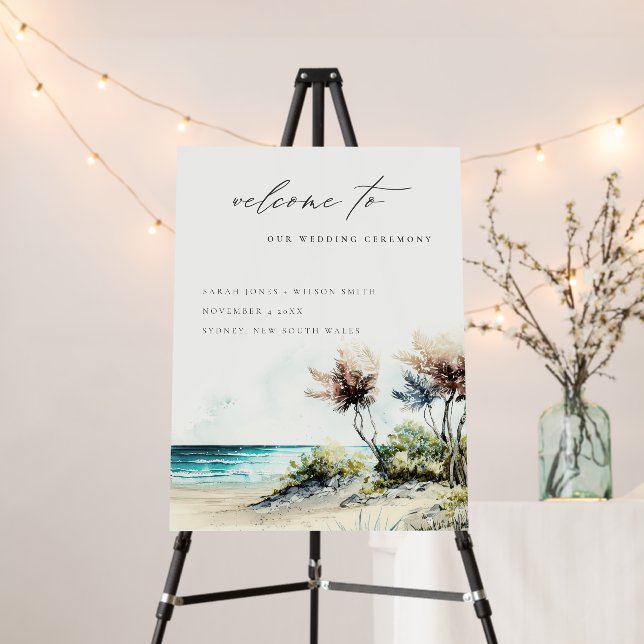 Dusky Coastal Palm Beach Seascape Wedding Welcome Foam Board (In Situ (Stand))