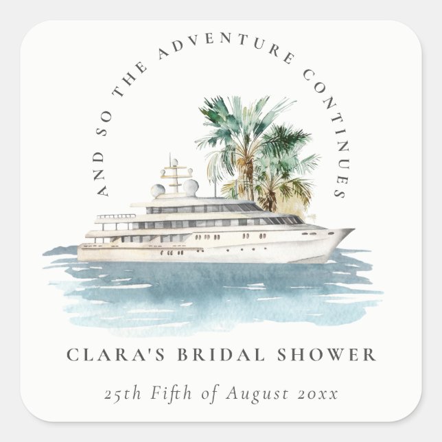 Dusky Cruise Ship Palm Seascape Bridal Shower Square Sticker (Front)