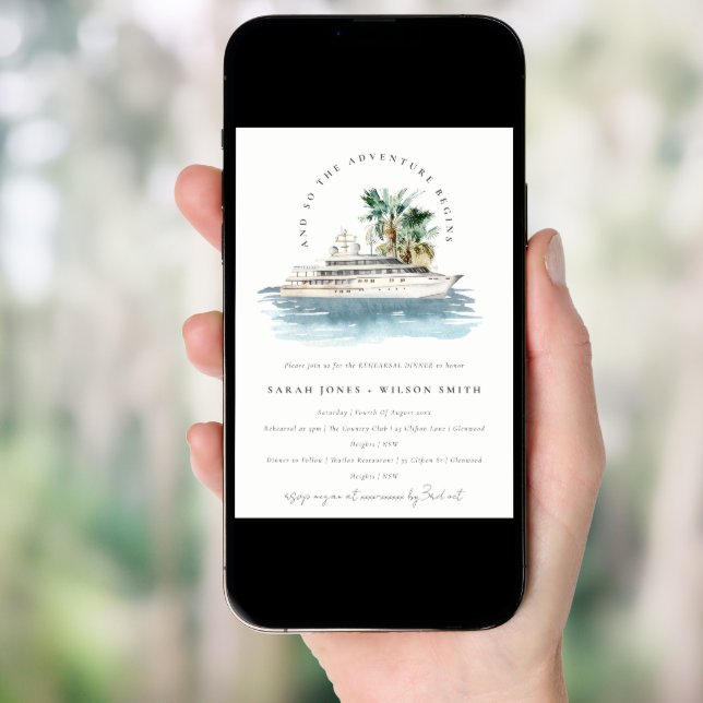 Dusky Cruise Ship Palm Seascape Rehearsal Dinner Invitation (Front Digital)