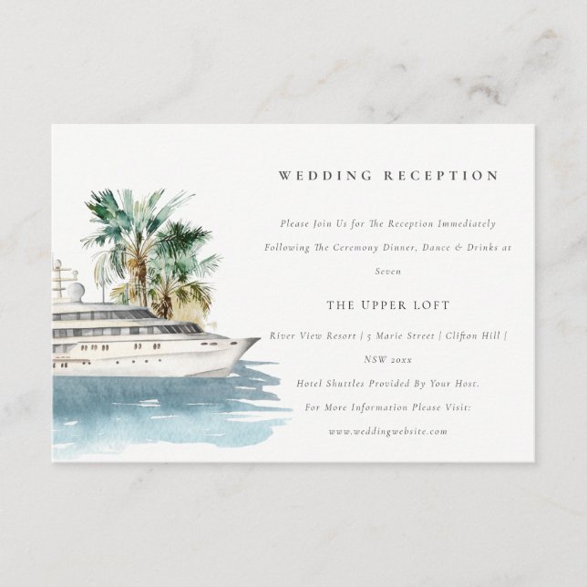Dusky Cruise Ship Palm Seascape Wedding Reception Enclosure Card (Front)