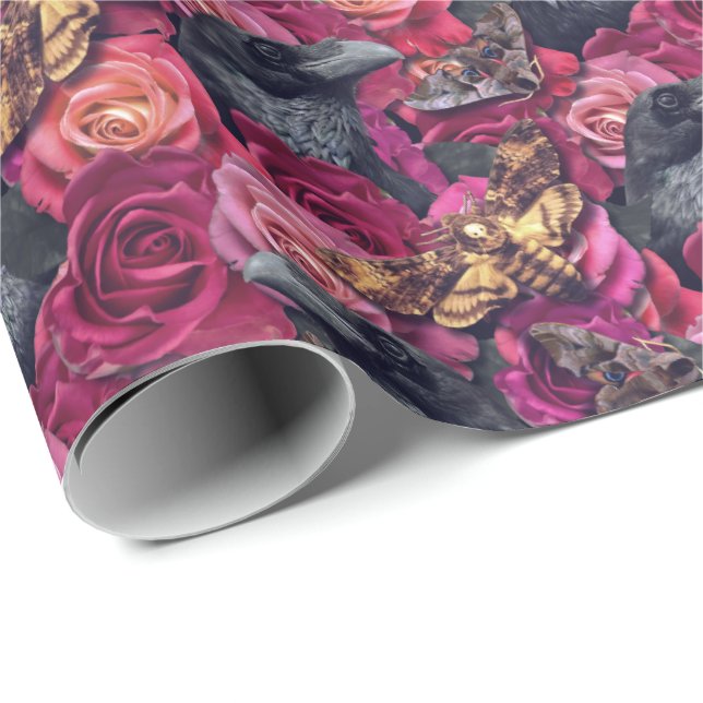 Dusky Death Head Hawk Moth Gothic Raven Roses Wrapping Paper (Roll Corner)