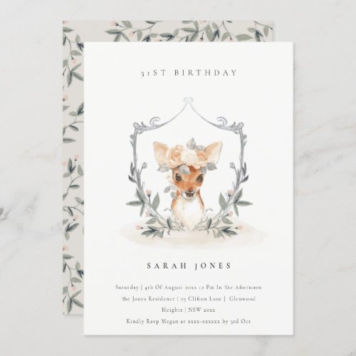 Dusky Deer Floral Crest Any Age Birthday Invite