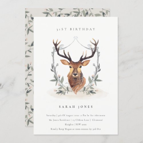 Dusky Deer Floral Crest Any Age Birthday Invite