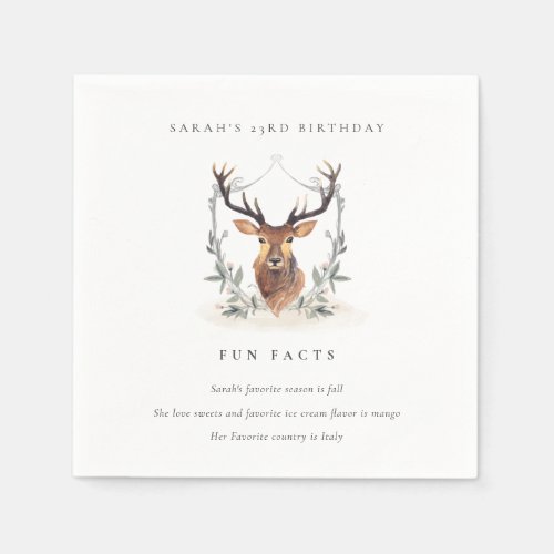 Dusky Deer Floral Crest Fun Facts Any Age Birthday Napkins