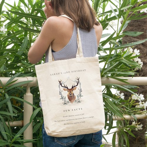Dusky Deer Floral Crest Fun Facts Any Age Birthday Tote Bag