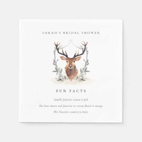 Dusky Deer Floral Crest Fun Facts Bridal Shower Napkins