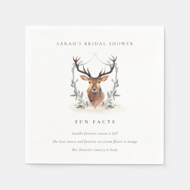 Dusky Deer Floral Crest Fun Facts Bridal Shower Napkins (Front)