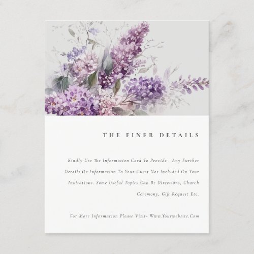 Dusky Elegant Lilac Cottage Floral Wedding Detail Enclosure Card