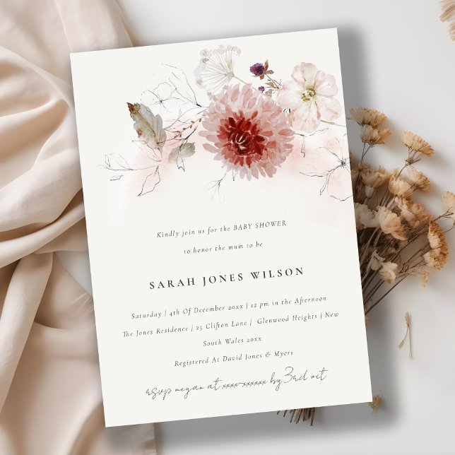 Dusky Fall Marsala Blush Floral Baby Shower Invitation (Creator Uploaded)