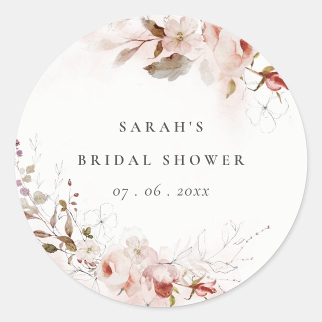 Dusky Fall Marsala Blush Floral Bridal Shower Classic Round Sticker (Front)