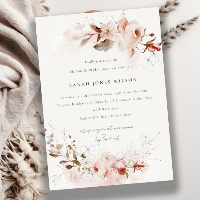 Dusky Fall Marsala Blush Floral Bridal Shower Invitation (Creator Uploaded)
