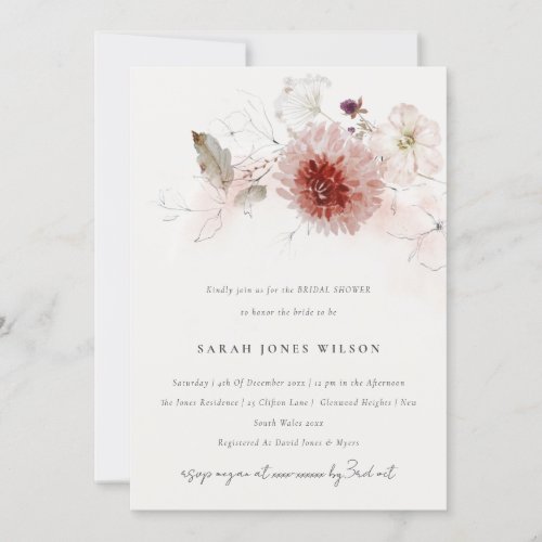 Dusky Fall Marsala Blush Floral Bridal Shower Invitation