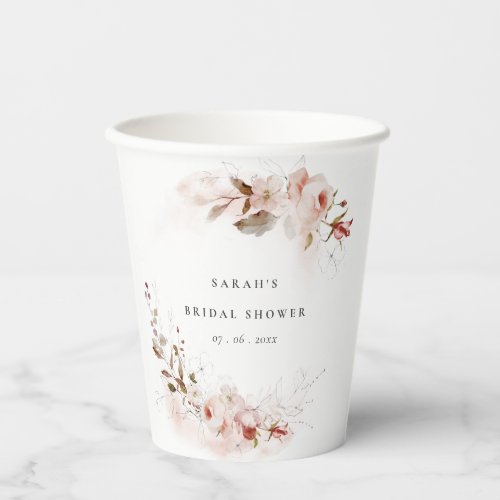 Dusky Fall Marsala Blush Floral Bridal Shower Paper Cups