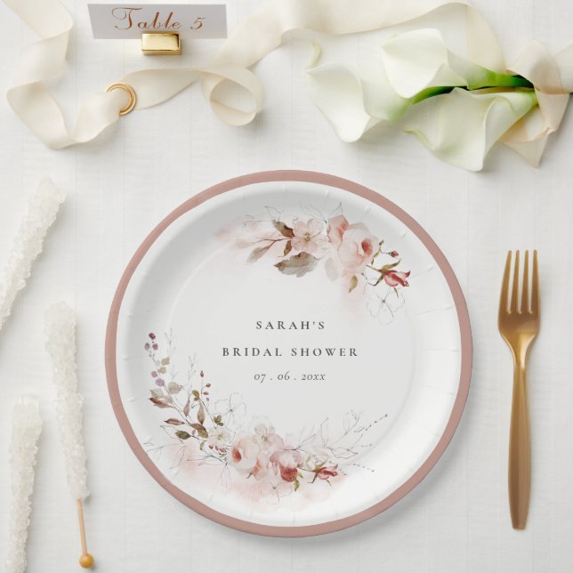 Dusky Fall Marsala Blush Floral Bridal Shower Paper Plates (Wedding)