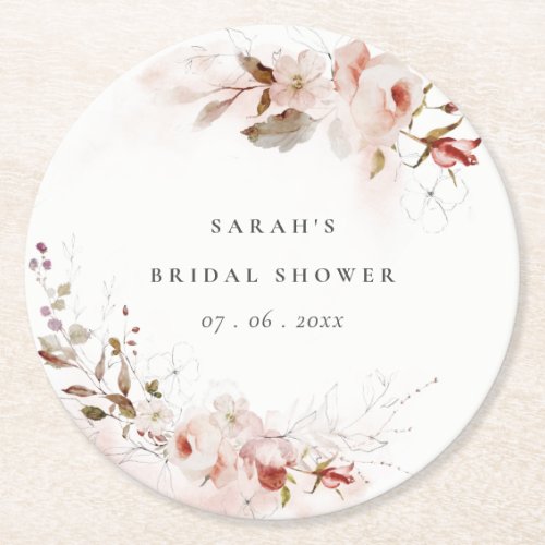 Dusky Fall Marsala Blush Floral Bridal Shower Round Paper Coaster