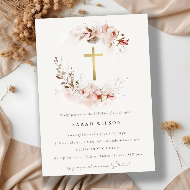 Dusky Fall Marsala Blush Floral Cross Baptism  Invitation (Creator Uploaded)