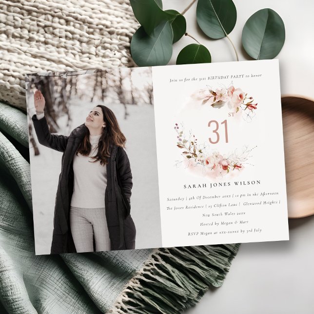 Dusky Fall Marsala Blush Floral Photo Birthday Invitation (Creator Uploaded)