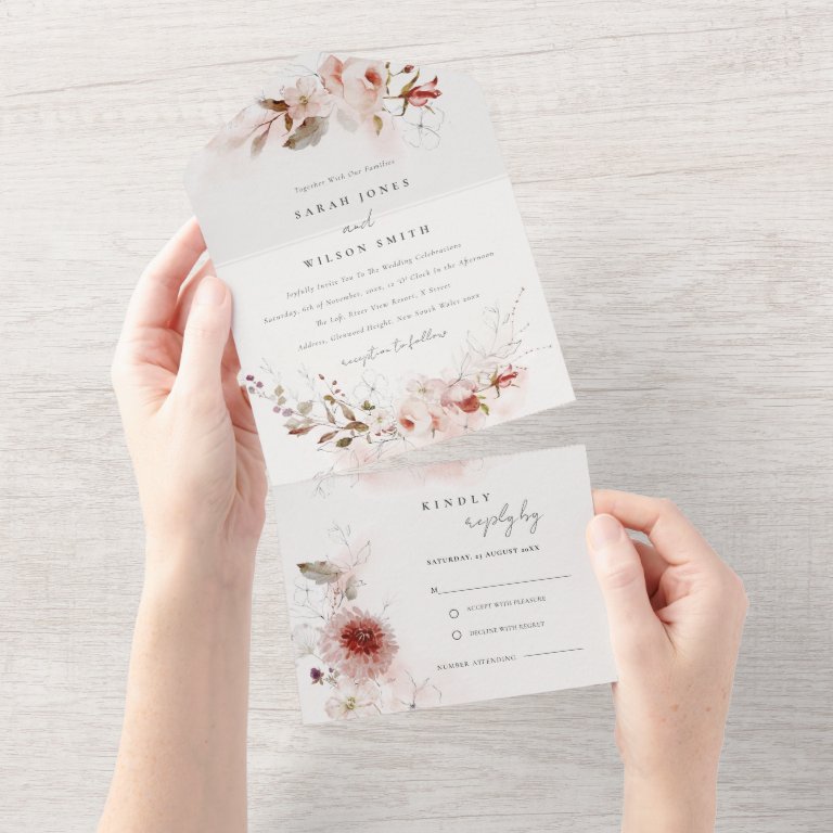 Dusky Fall Marsala Blush Floral Watercolor Wedding All In One Invitation
