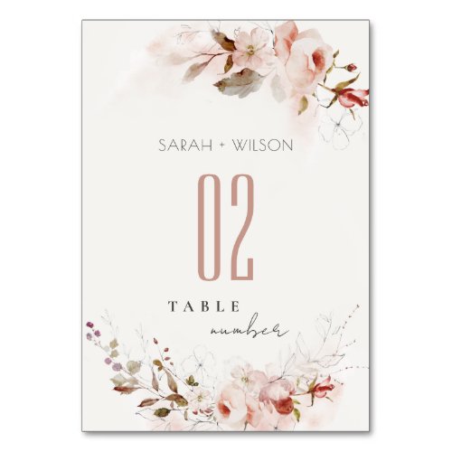 Dusky Fall Marsala Blush Floral Watercolor Wedding Table Number