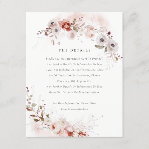 Dusky Fall Marsala Blush Floral Wedding Details Enclosure Card