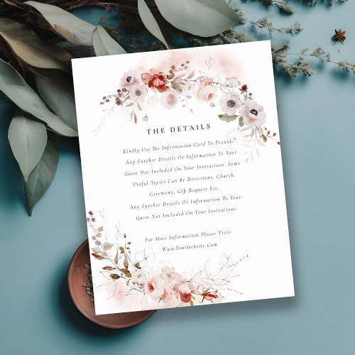 Dusky Fall Marsala Blush Floral Wedding Details Enclosure Card