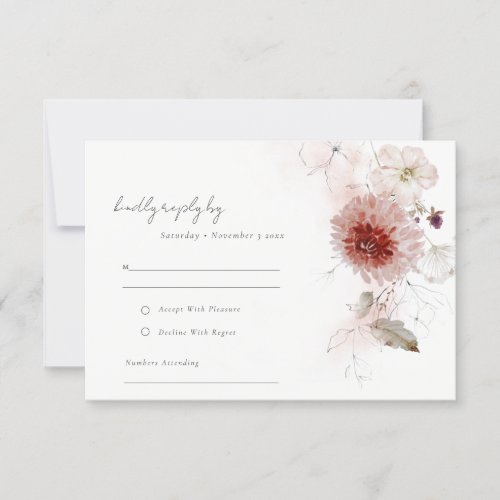 Dusky Fall Marsala Blush Floral Wedding Reception RSVP Card