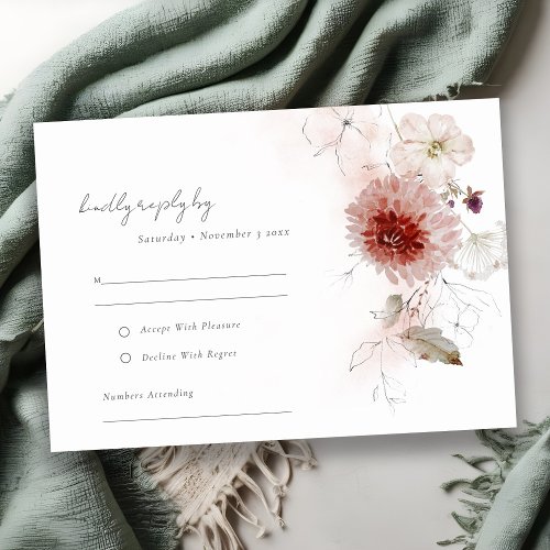 Dusky Fall Marsala Blush Floral Wedding Reception RSVP Card