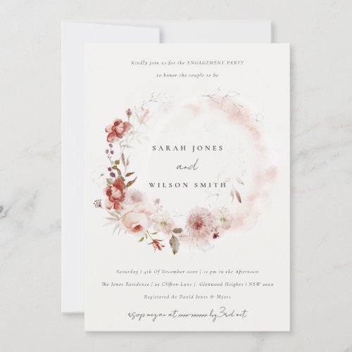 Dusky Fall Marsala Blush Floral Wreath Engagement  Invitation