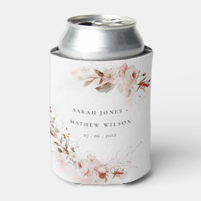 Dusky Fall Marsala Blush Floral Wreath Wedding Can Cooler (Can Front)