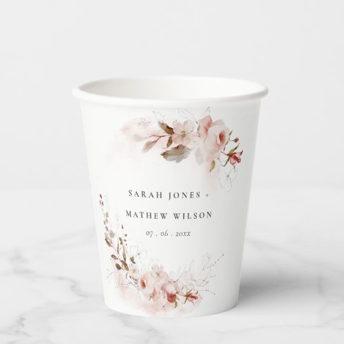 Dusky Fall Marsala Blush Floral Wreath Wedding Paper Cups