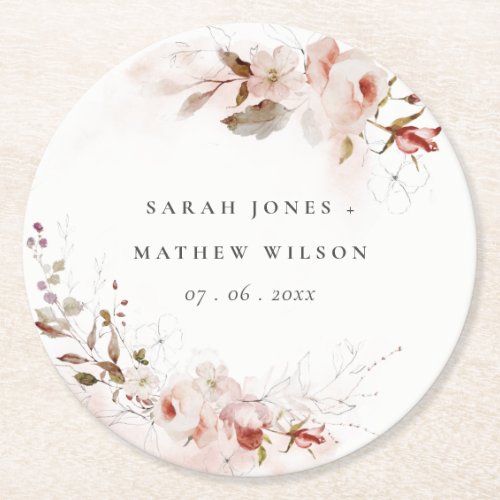 Dusky Fall Marsala Blush Floral Wreath Wedding Round Paper Coaster