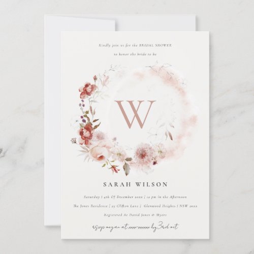 Dusky Fall Marsala Floral Monogram Bridal Shower Invitation