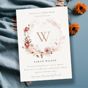 Dusky Fall Marsala Floral Monogram Bridal Shower Invitation