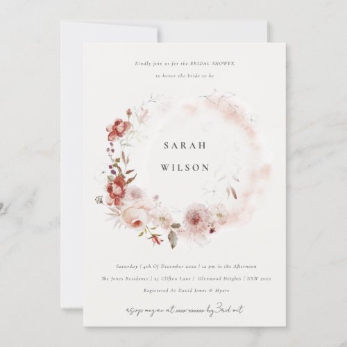 Dusky Fall Marsala Floral Wreath Bridal Shower Invitation