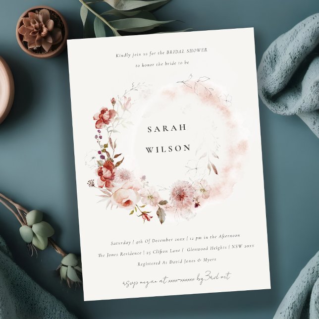 Dusky Fall Marsala Floral Wreath Bridal Shower Invitation (Creator Uploaded)