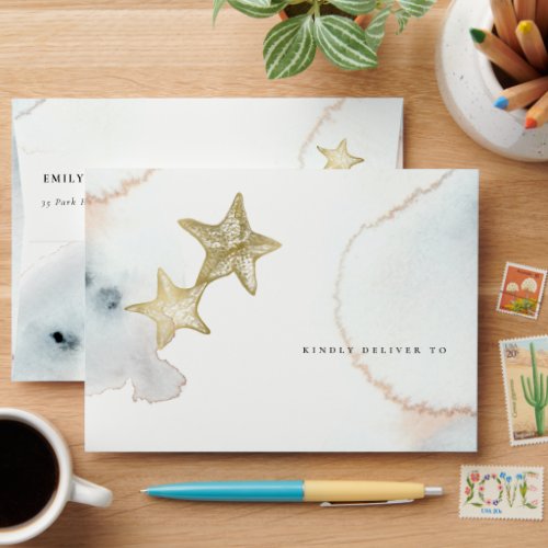 Dusky Gold Blue Beach Starfish Watercolor Address Envelope