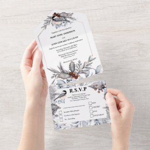 Dusky gray brown forest woodland birds wedding all in one invitation