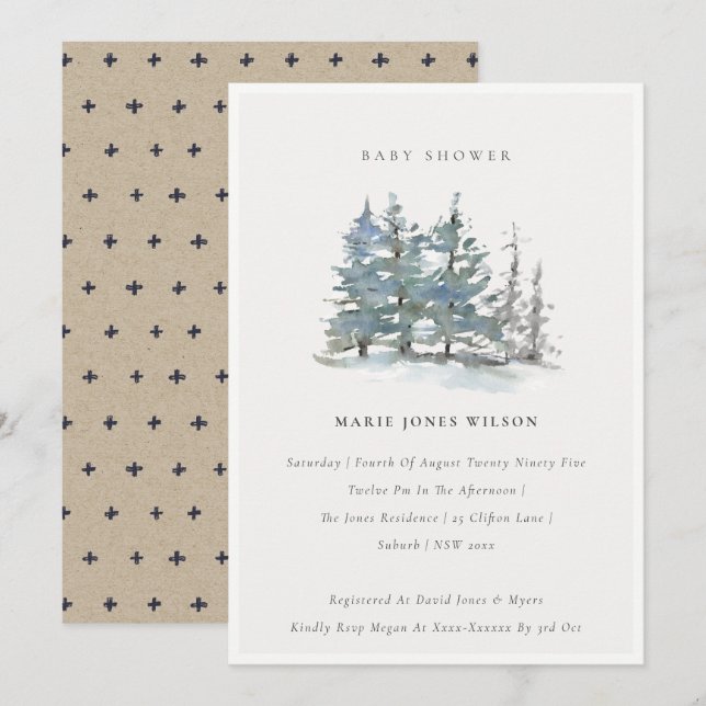 Dusky Green Blue Pine Tree Wood Baby Shower Invite (Front/Back)