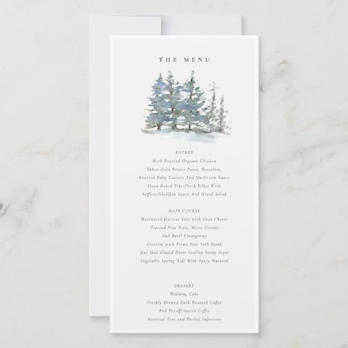 Dusky Green Blue Pine Tree Woods Wedding Menu Card